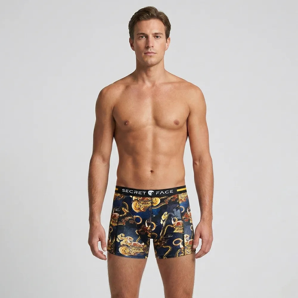 Secret Face Men's Trunks 5-Pack - Japan Samurai Print, Premium Stretch Cotton, Comfort Fit Boxers