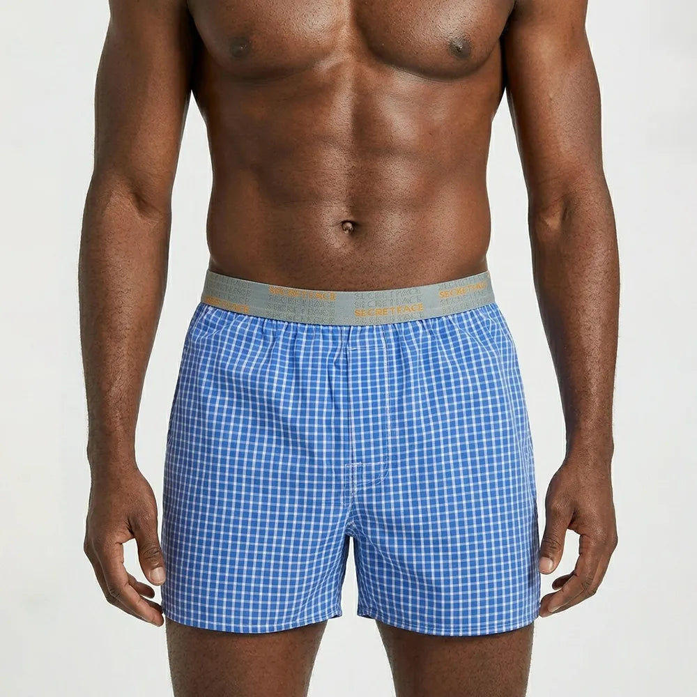 Secret Face Men's Woven Boxer Shorts 3-Pack - Classic Gingham Check, Soft Cotton, Elastic Waistband