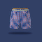 Secret Face Men's Woven Boxer Shorts - Navy Blue & Red Plaid, 100% Cotton, Loose Fit, Elastic Waistband