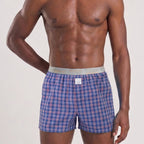 Secret Face Men's Woven Boxer Shorts - Navy Blue & Red Plaid, 100% Cotton, Loose Fit, Elastic Waistband