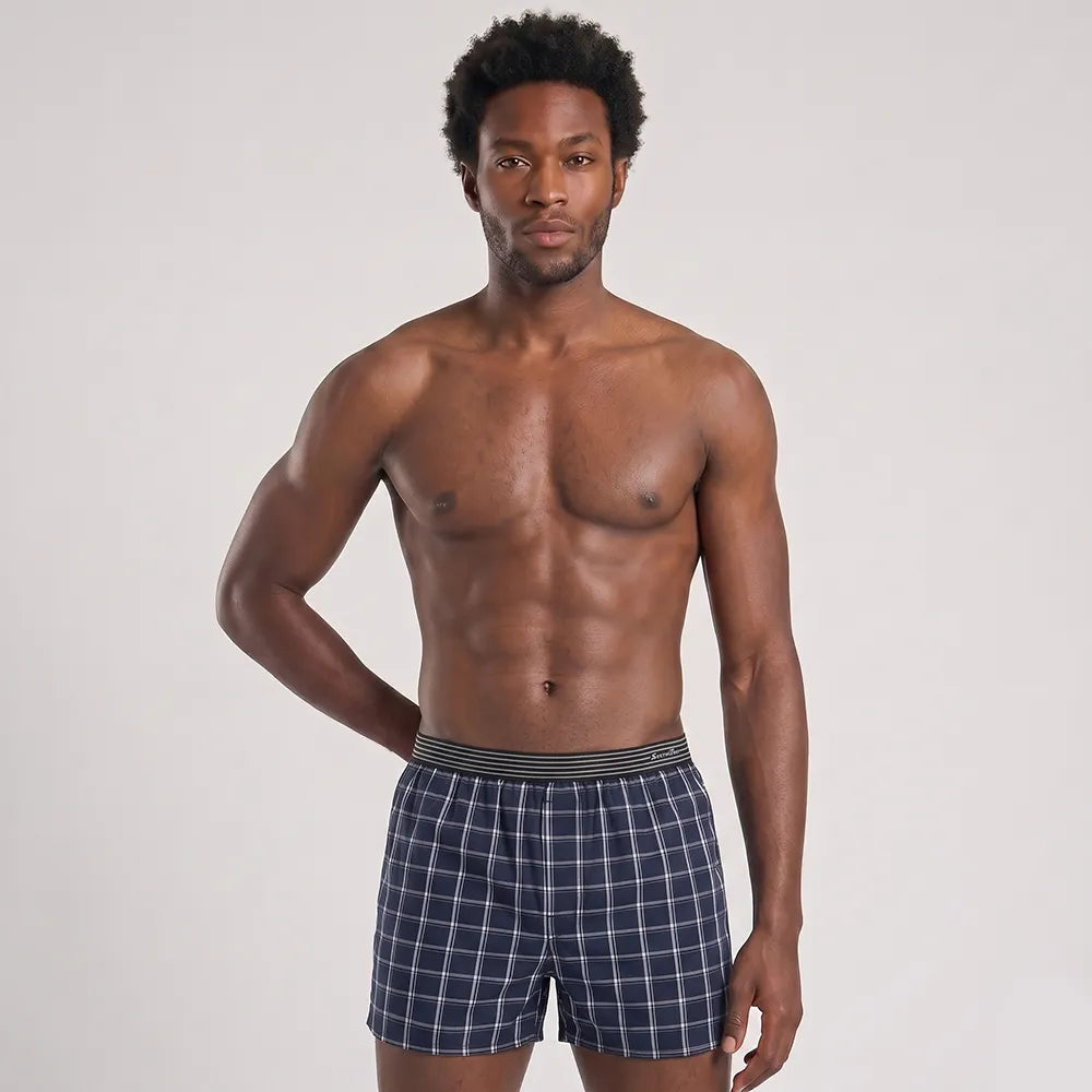Secret Face Men's 3-Pack Woven Boxer Shorts - 100% Cotton, Loose Fit, Elastic Waistband, Assorted Plaid & Dot Patterns