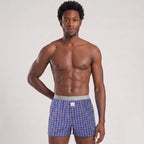 Secret Face Men's Woven Boxer Shorts - Navy Blue & Red Plaid, 100% Cotton, Loose Fit, Elastic Waistband